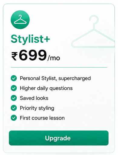 Stylist+ subscription plan with monthly cost and features on a white background