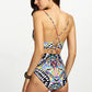 Geometric Spaghetti Strap Tribal Print Crisscross Lace-Up One-Piece Swimsuit