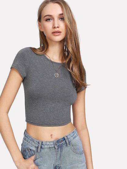 Round Neck Cap Sleeve Form Fitted Glitter Crop Top