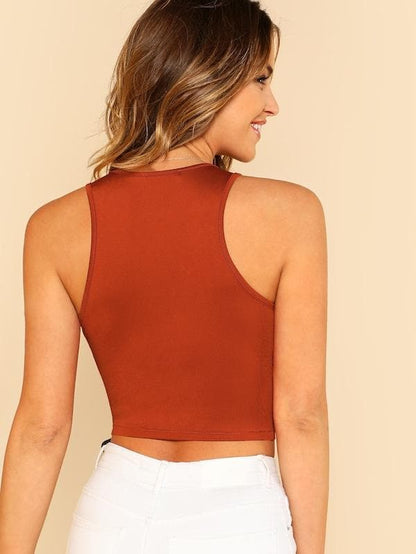 Scoop Neck Solid Fitted Tank Top - Brown