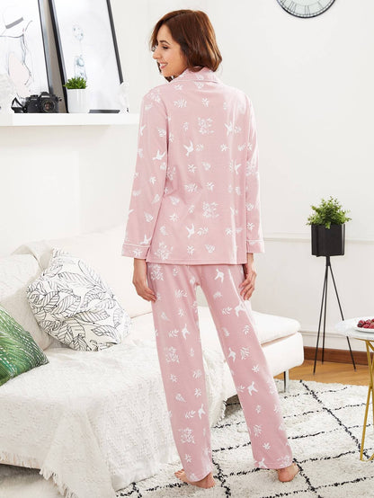 Pink Contrast Binding Leaf Print Sleepwear Set