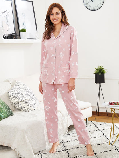 Pink Contrast Binding Leaf Print Sleepwear Set