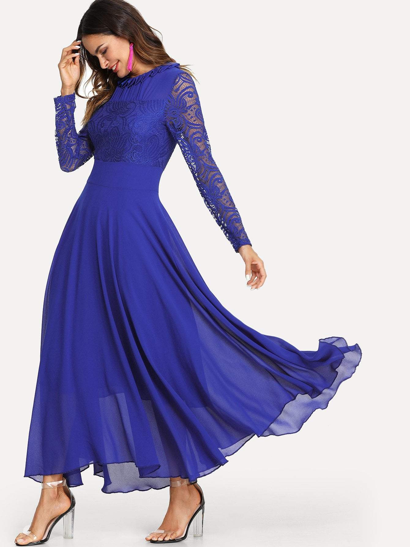 Round Neck Long Sleeve Contrast Lace Buttoned Keyhole Dress