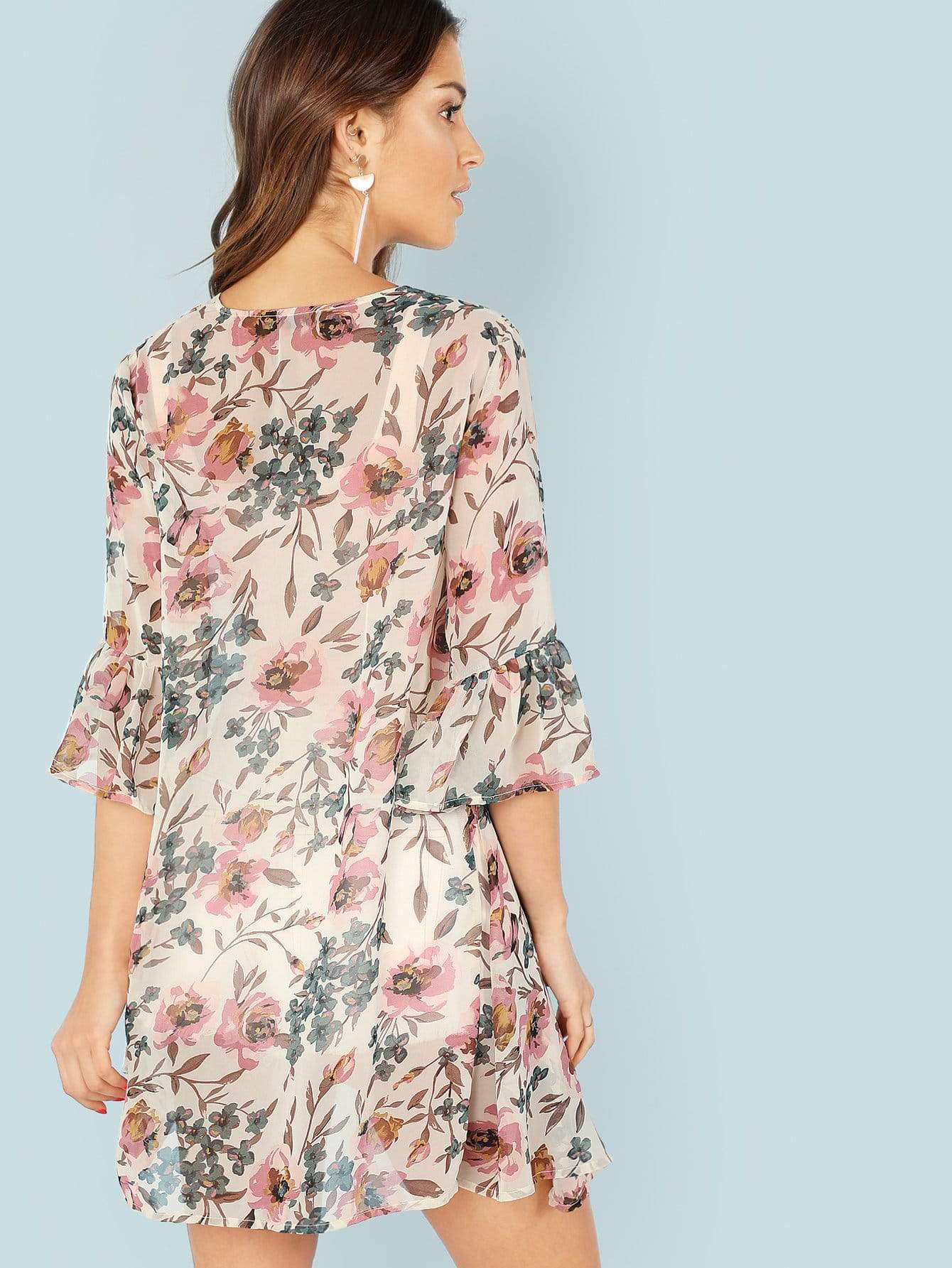 Three Quarter Sleeve Flounce Sleeve Floral Kimono