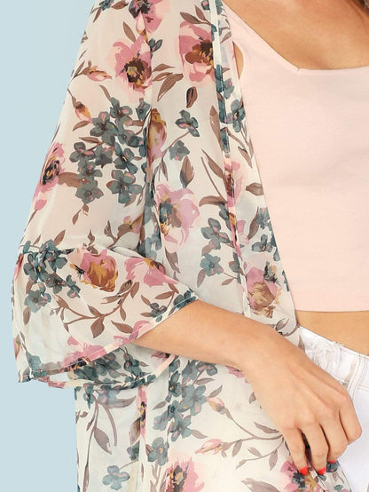 Three Quarter Sleeve Flounce Sleeve Floral Kimono