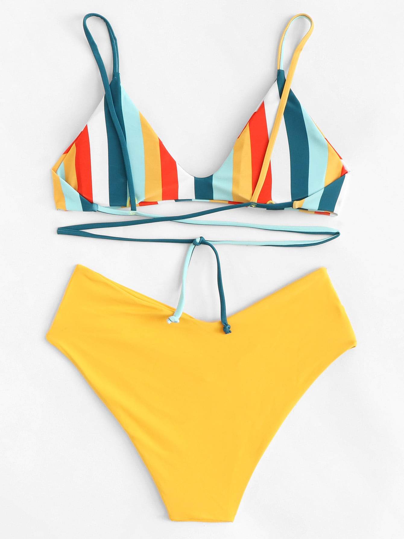 Spaghetti Strap Striped Print Top With Criss  Cross Bikini Swimwear