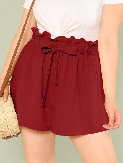 Belted Pleated Plus Solid Paperbag Waist Shorts