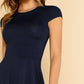 Round Neck High Waist V Back Cap Sleeve Fit & Flare Dress