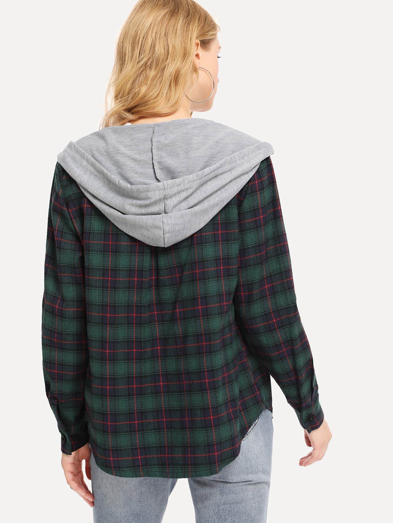 Single Breasted Drawstring Detail Plaid Hooded Coat