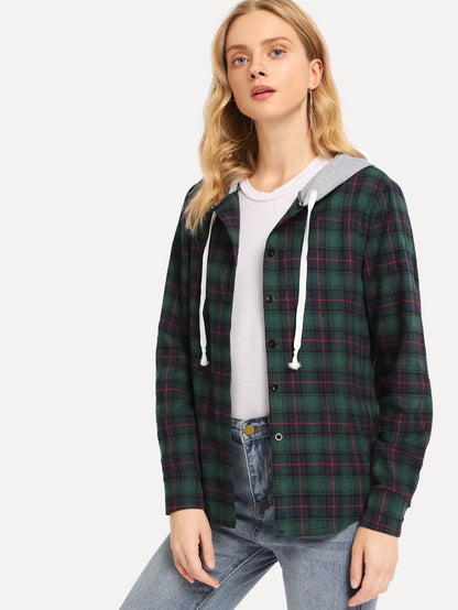 Single Breasted Drawstring Detail Plaid Hooded Coat