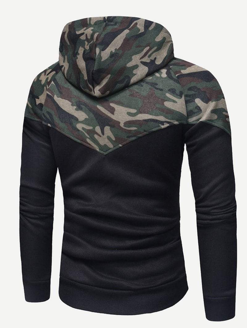 Drawstring Zipper Long Sleeve Camo Print Hooded Sweatshirt