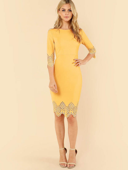 Yellow Laser Cut Zip Back Pencil Dress