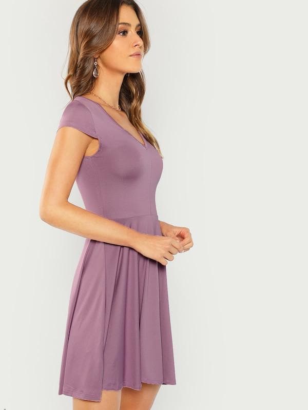 Round Neck High Waist V Back Cap Sleeve Fit & Flare Dress