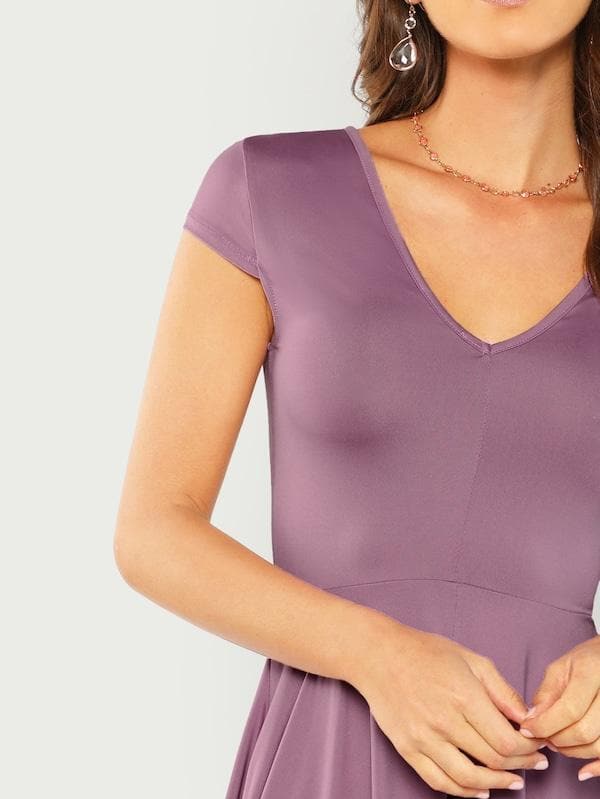 Round Neck High Waist V Back Cap Sleeve Fit & Flare Dress