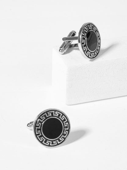 Black Round Silver Cufflinks 1pair