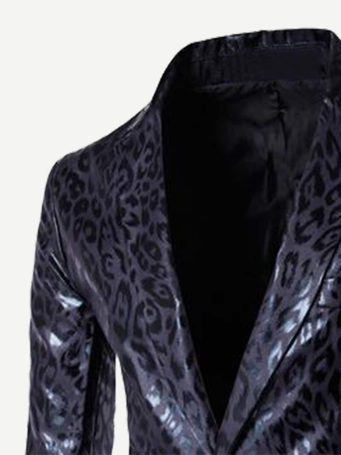 Black Leopard Print Single Button PU Blazer