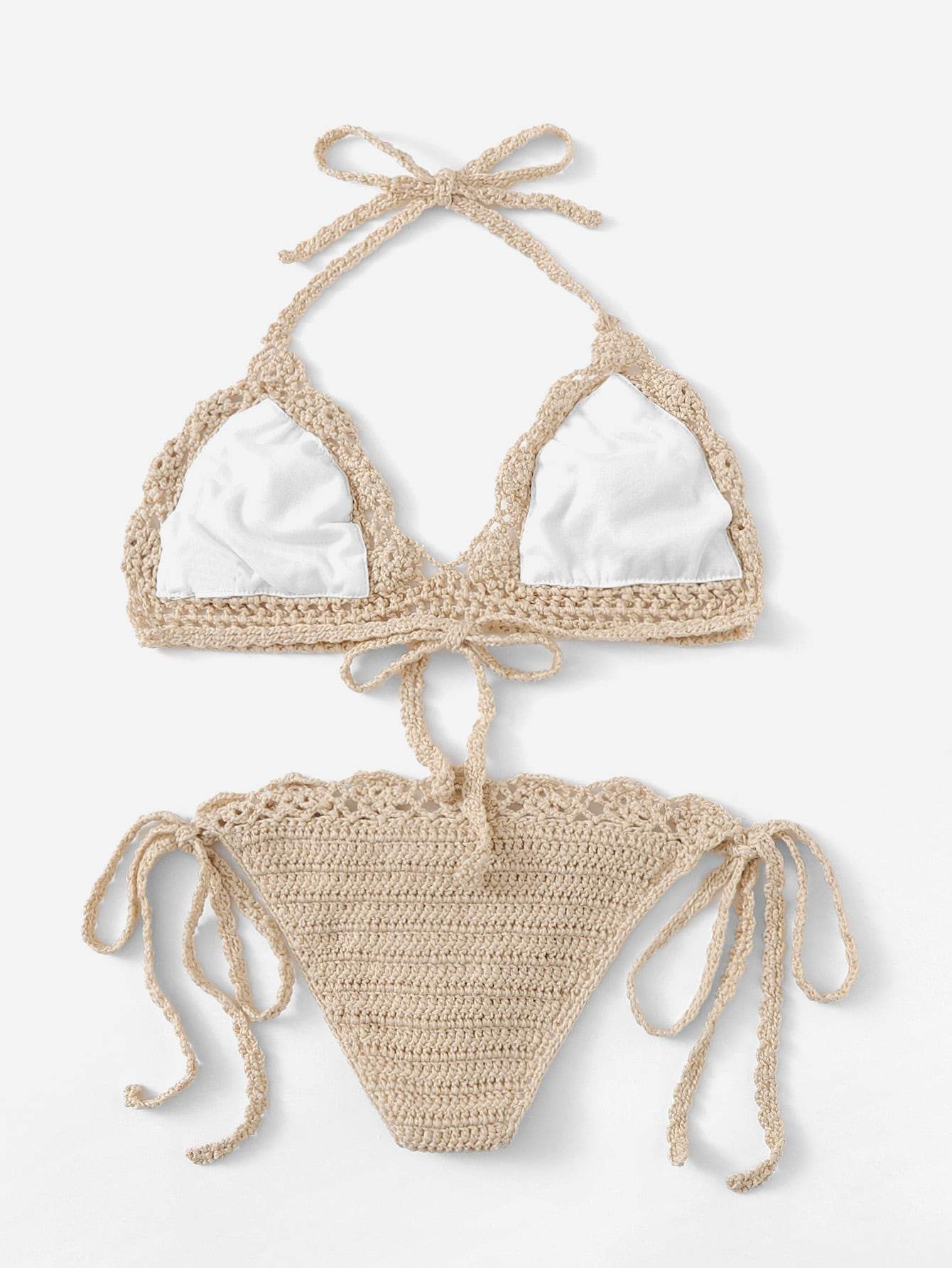 Scalloped Trim Crochet Halter Top With Tie Side Bikini Swimwear