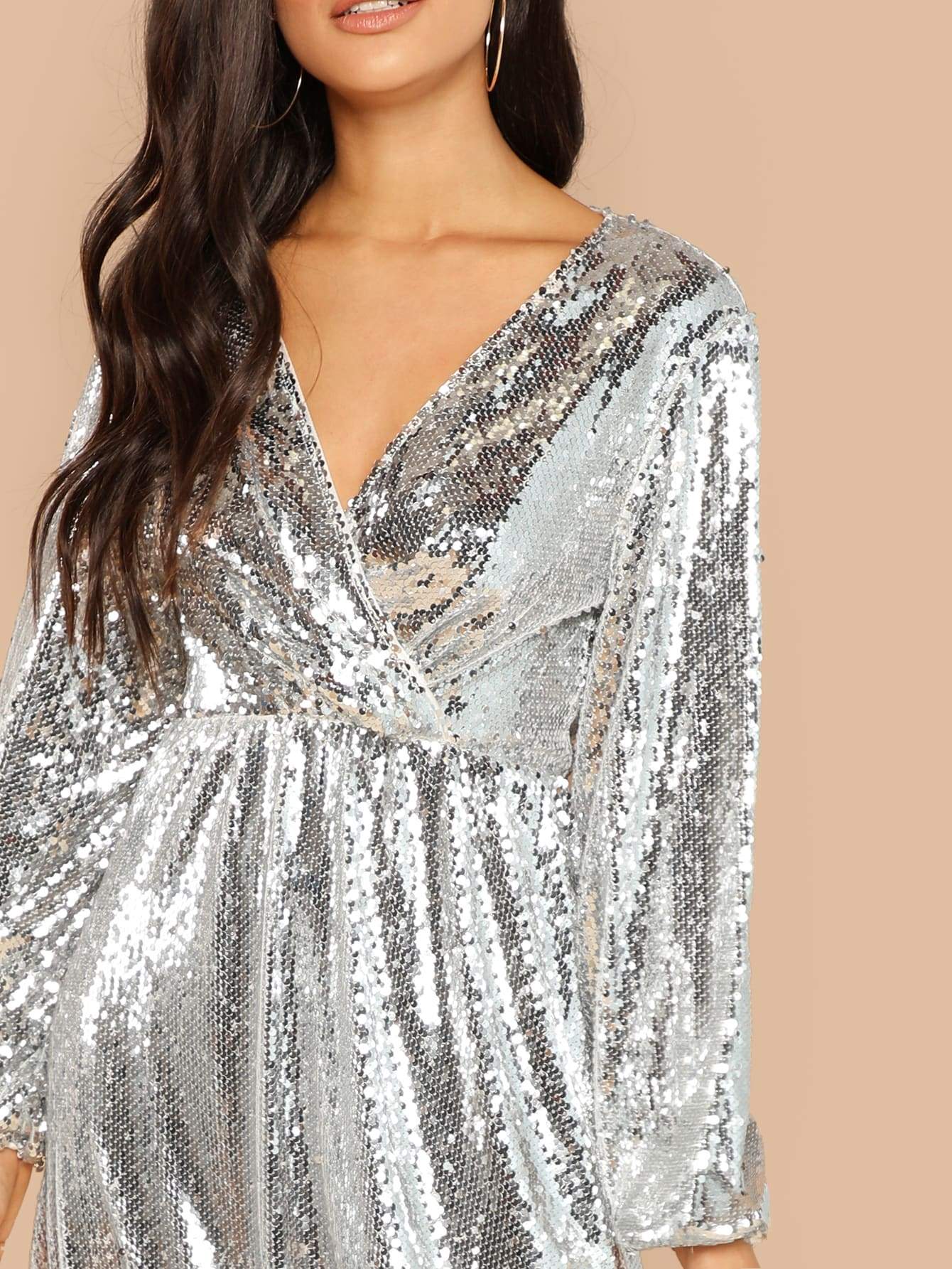 Silver Wrap Front Sequin Dress