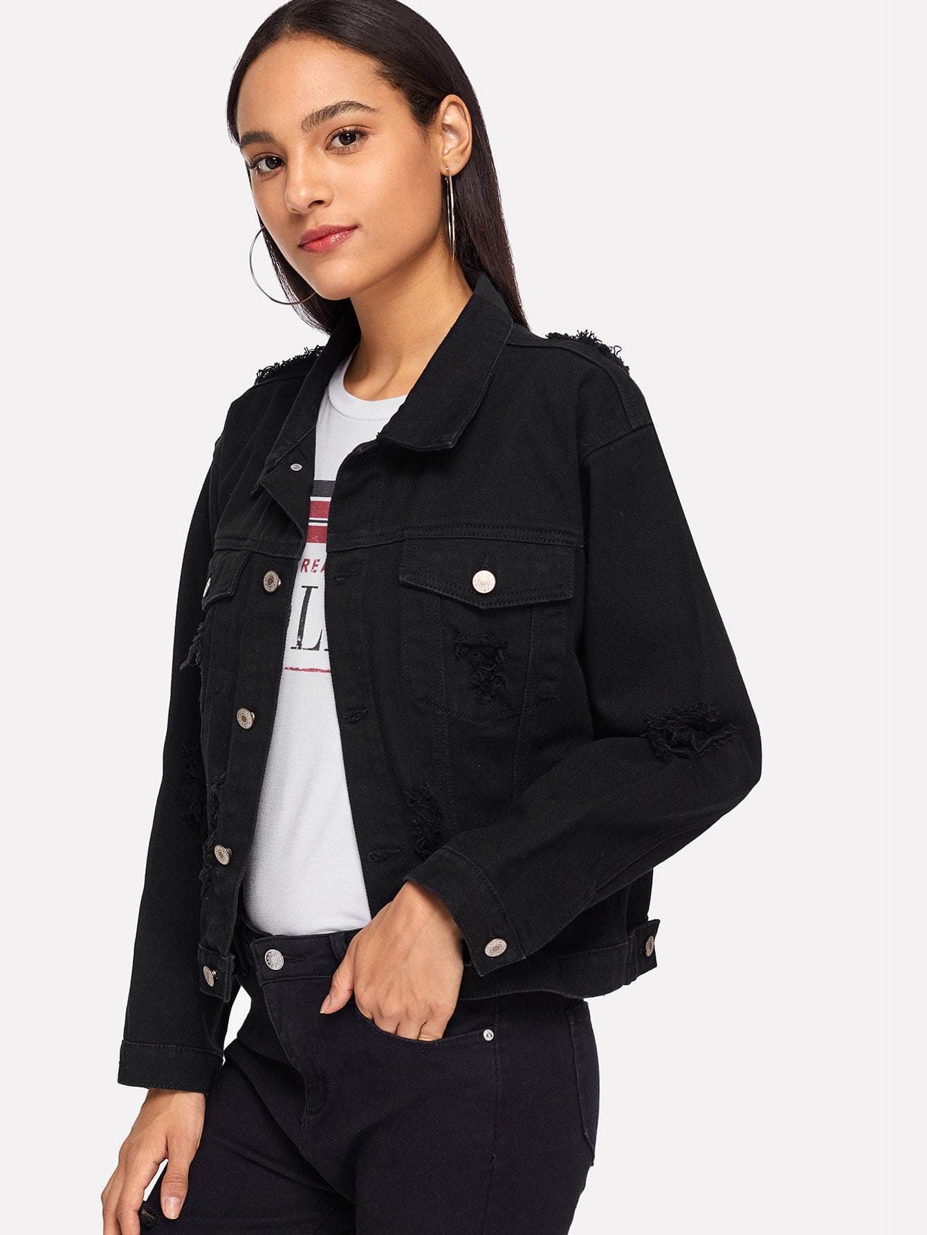 Black Single Breasted Pocket Patched Ripped Jacket