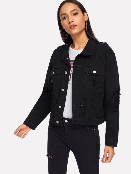 Black Single Breasted Pocket Patched Ripped Jacket