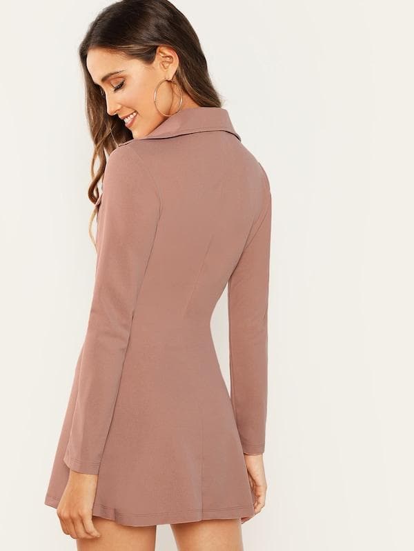 Long Sleeve Notched Neckline Double Breasted Detail Asymmetrical Zip Up Dress