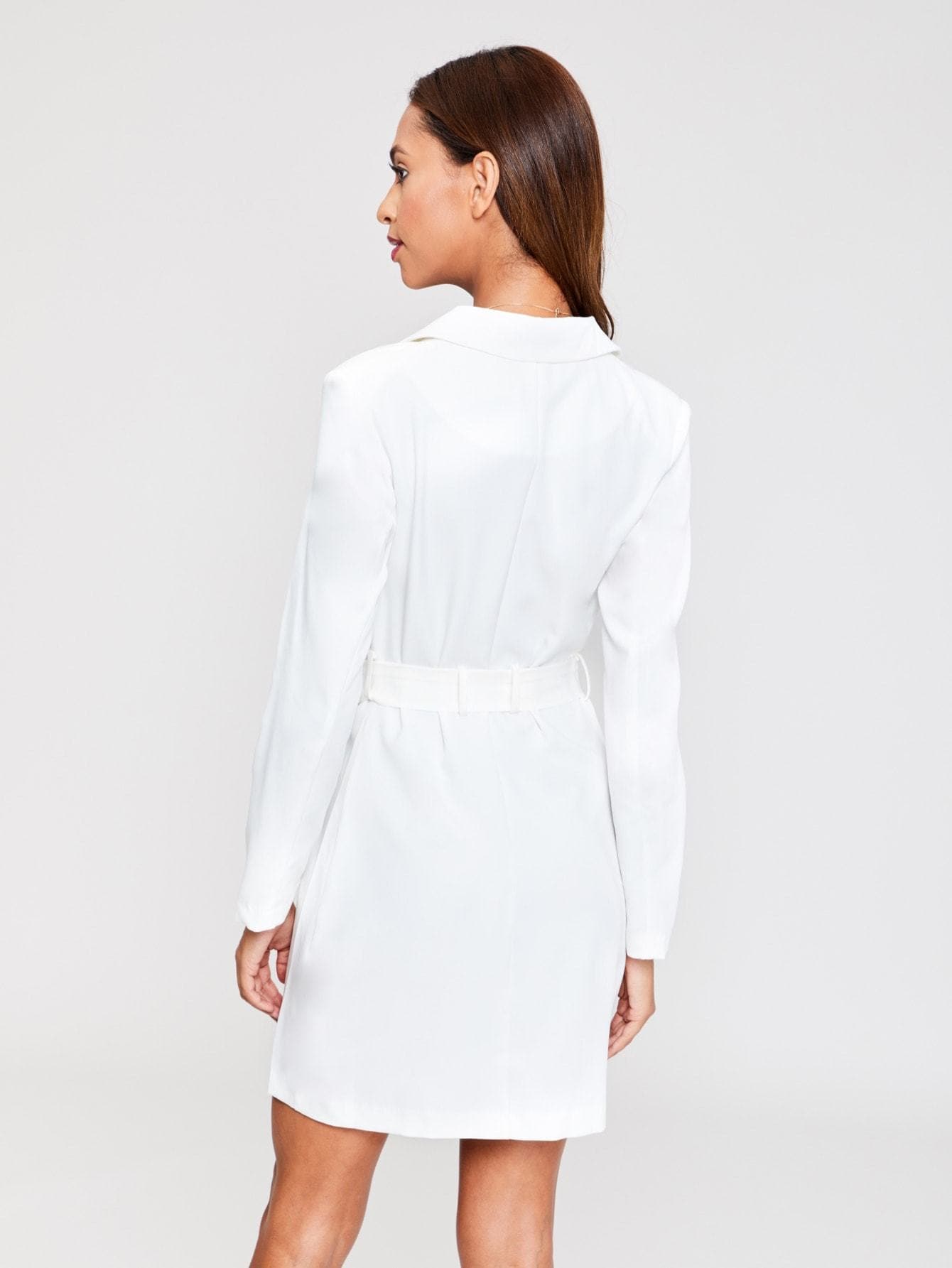 White V Neck Self Belted Solid Blazer Dress