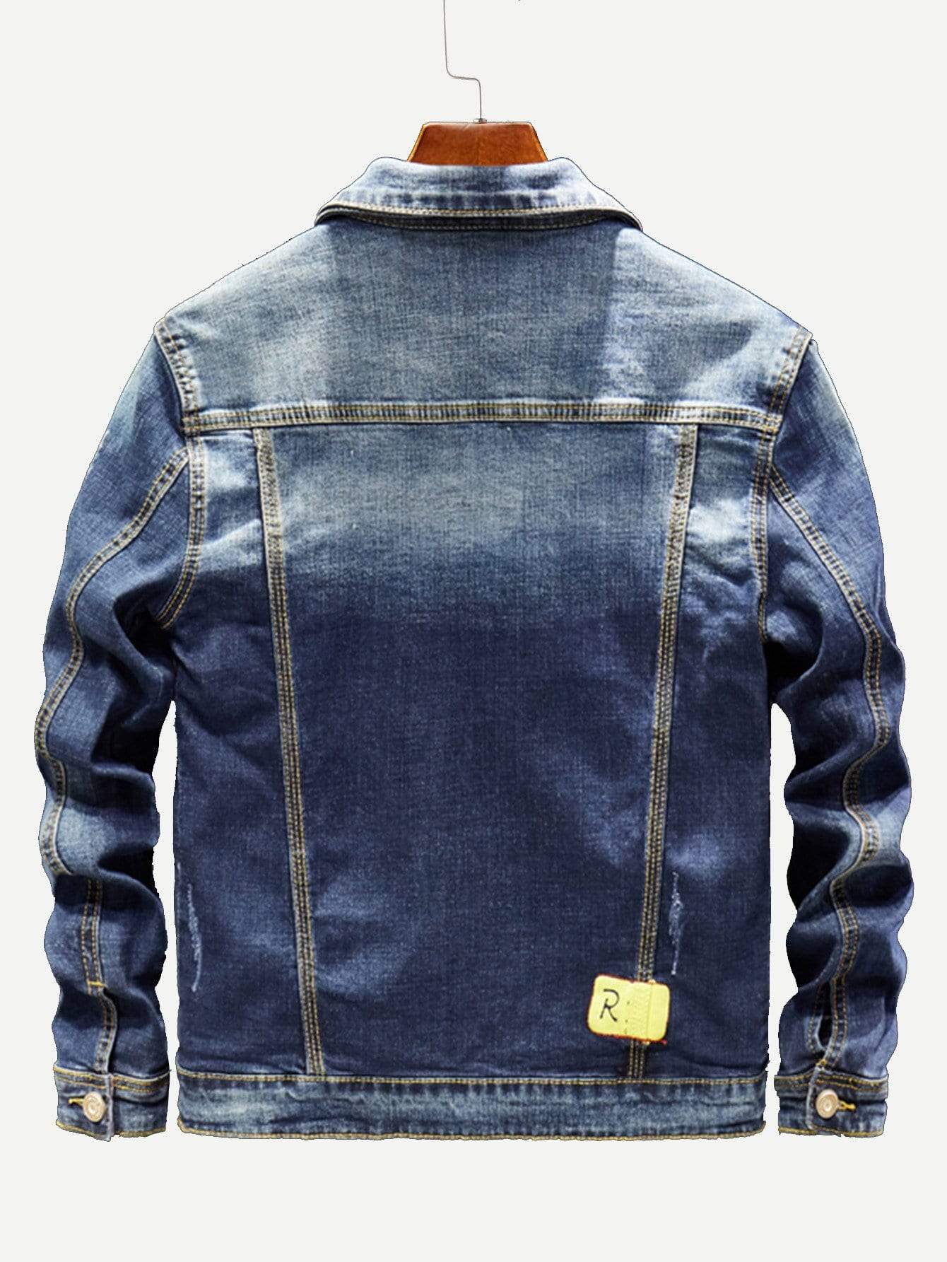 Blue Single Breasted Ripped Letter Print Wash Denim Jacket