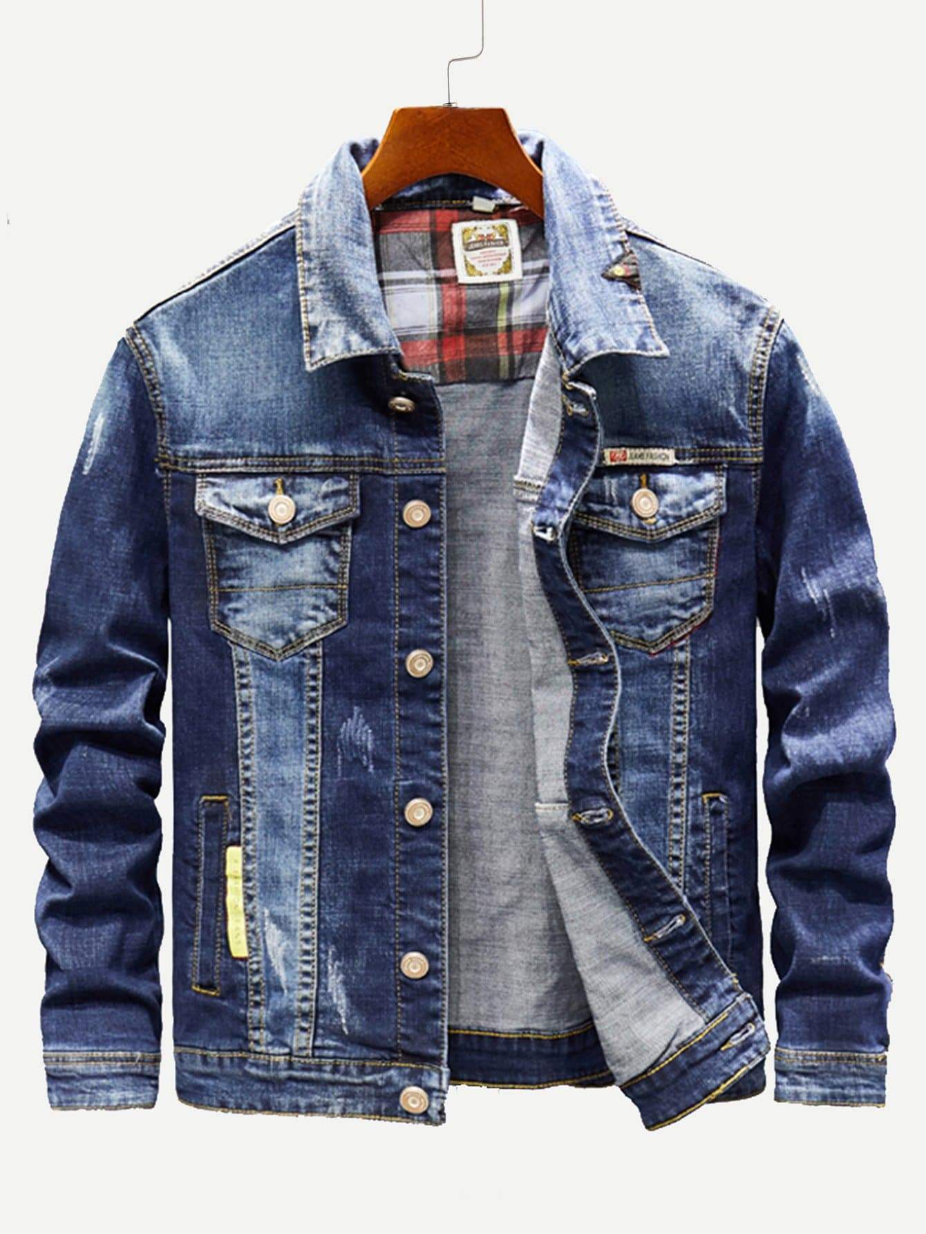 Blue Single Breasted Ripped Letter Print Wash Denim Jacket