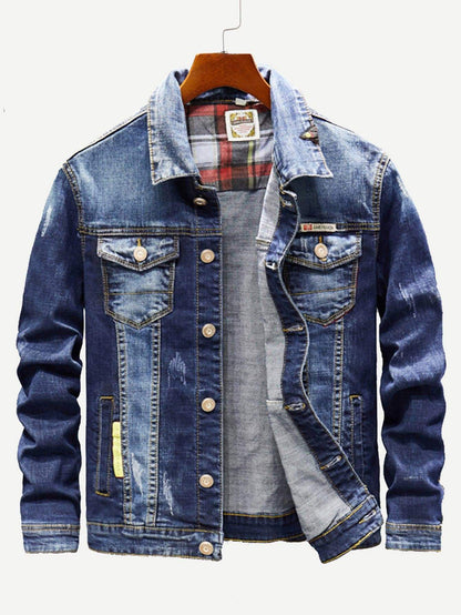 Blue Single Breasted Ripped Letter Print Wash Denim Jacket
