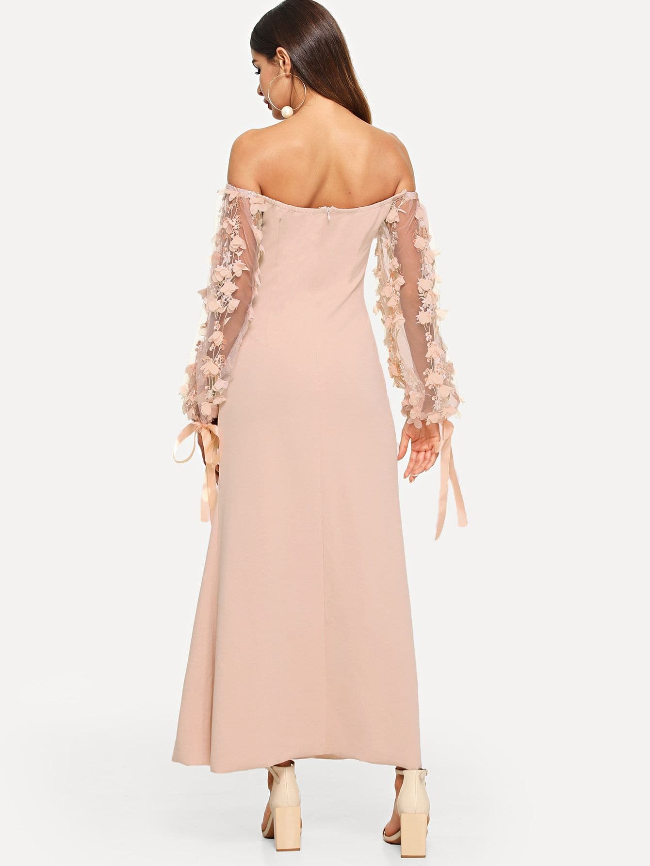 Apricot 3D Applique Sheer Sleeve Off Shoulder Dress