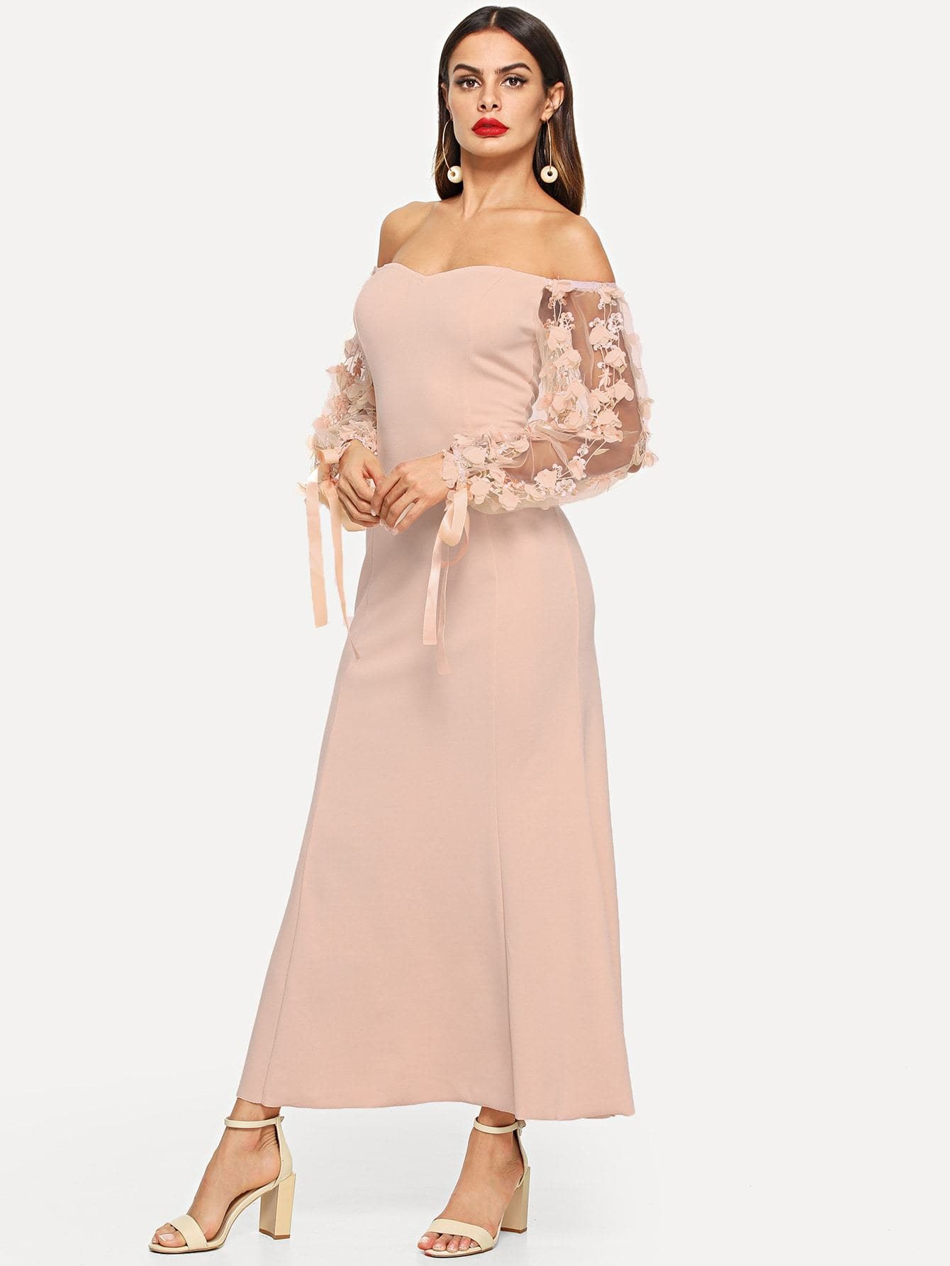 Apricot 3D Applique Sheer Sleeve Off Shoulder Dress