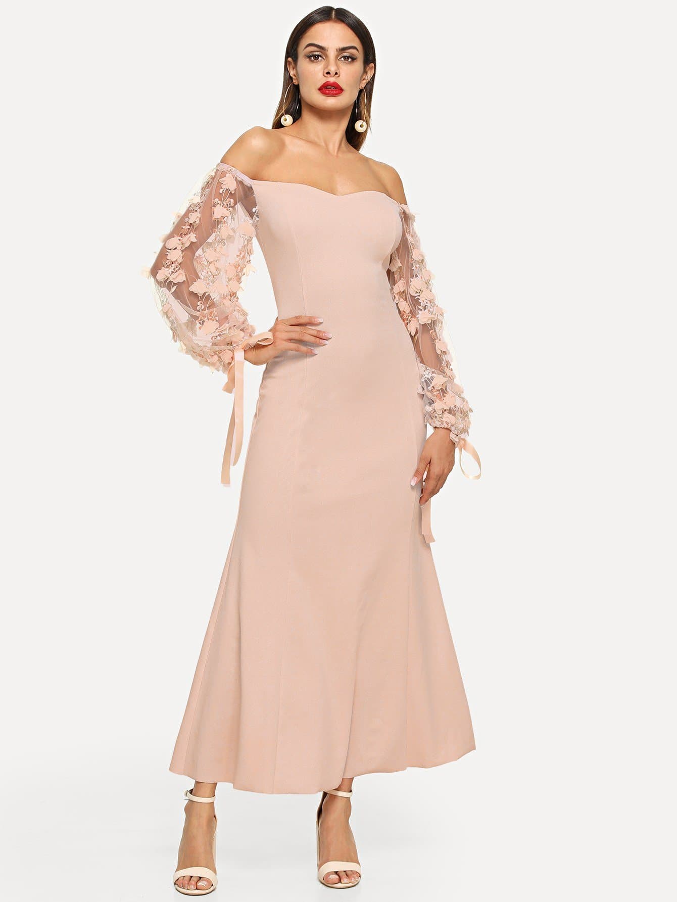 Apricot 3D Applique Sheer Sleeve Off Shoulder Dress