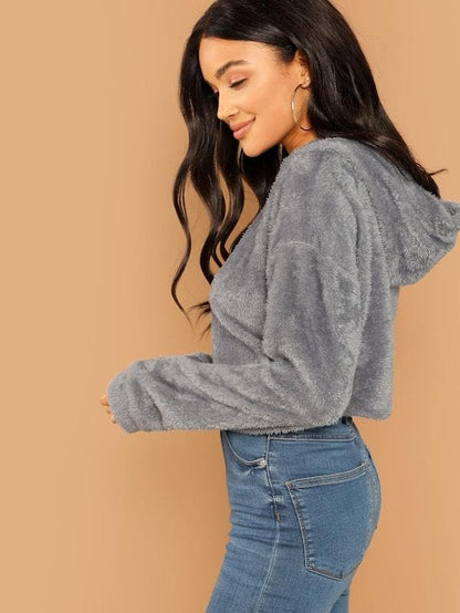 Oversized Drop Shoulder Crop Teddy Hoodie Pullover - Grey
