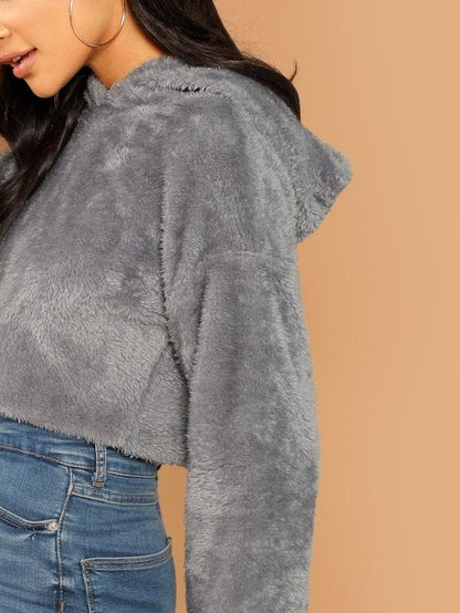 Oversized Drop Shoulder Crop Teddy Hoodie Pullover - Grey