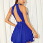 Navy Blue Sleeveless Fit and Flare Layered Ruffle Hem Halter Dress
