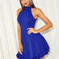 Navy Blue Sleeveless Fit and Flare Layered Ruffle Hem Halter Dress