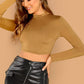 Stand Collar Long Sleeve Slim Fitted Solid Crop Top - Camel