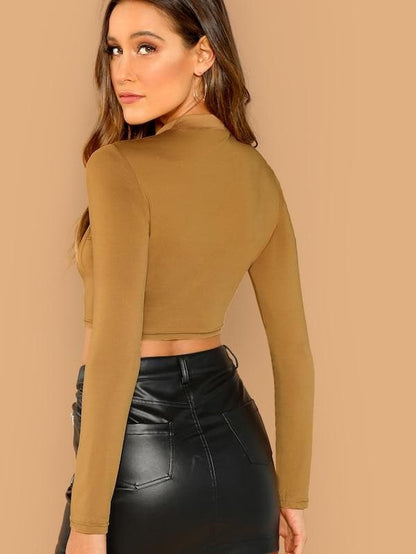 Stand Collar Long Sleeve Slim Fitted Solid Crop Top - Camel