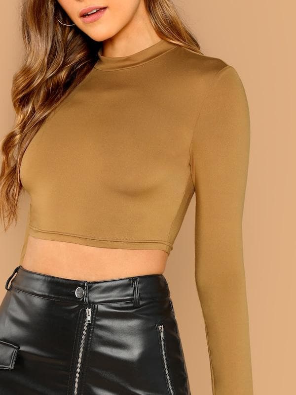 Stand Collar Long Sleeve Slim Fitted Solid Crop Top - Camel