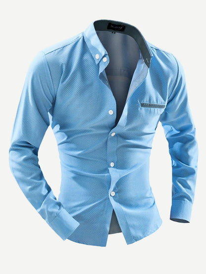 Blue Long Sleeve Pocket Detail Polka Dot Shirt