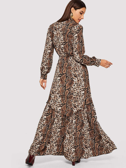 V Neck Snake Skin Print Maxi Dress