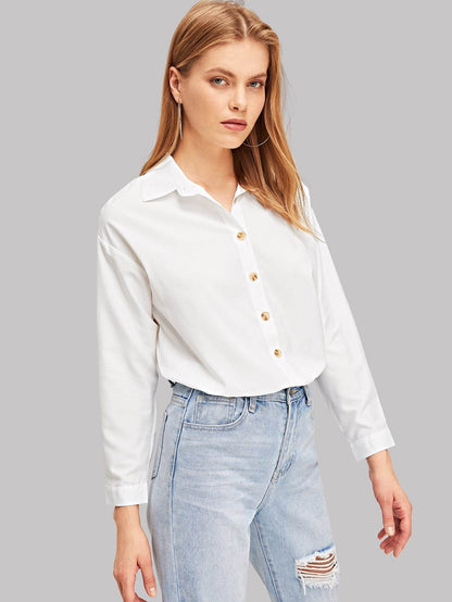 Long Sleeve Solid Button Up Curved Hem Shirt