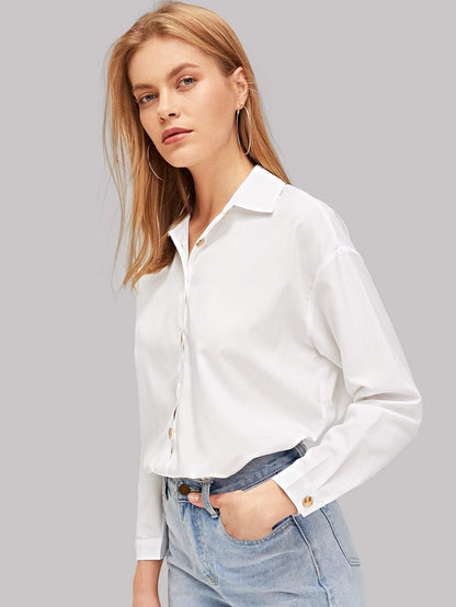 Long Sleeve Solid Button Up Curved Hem Shirt