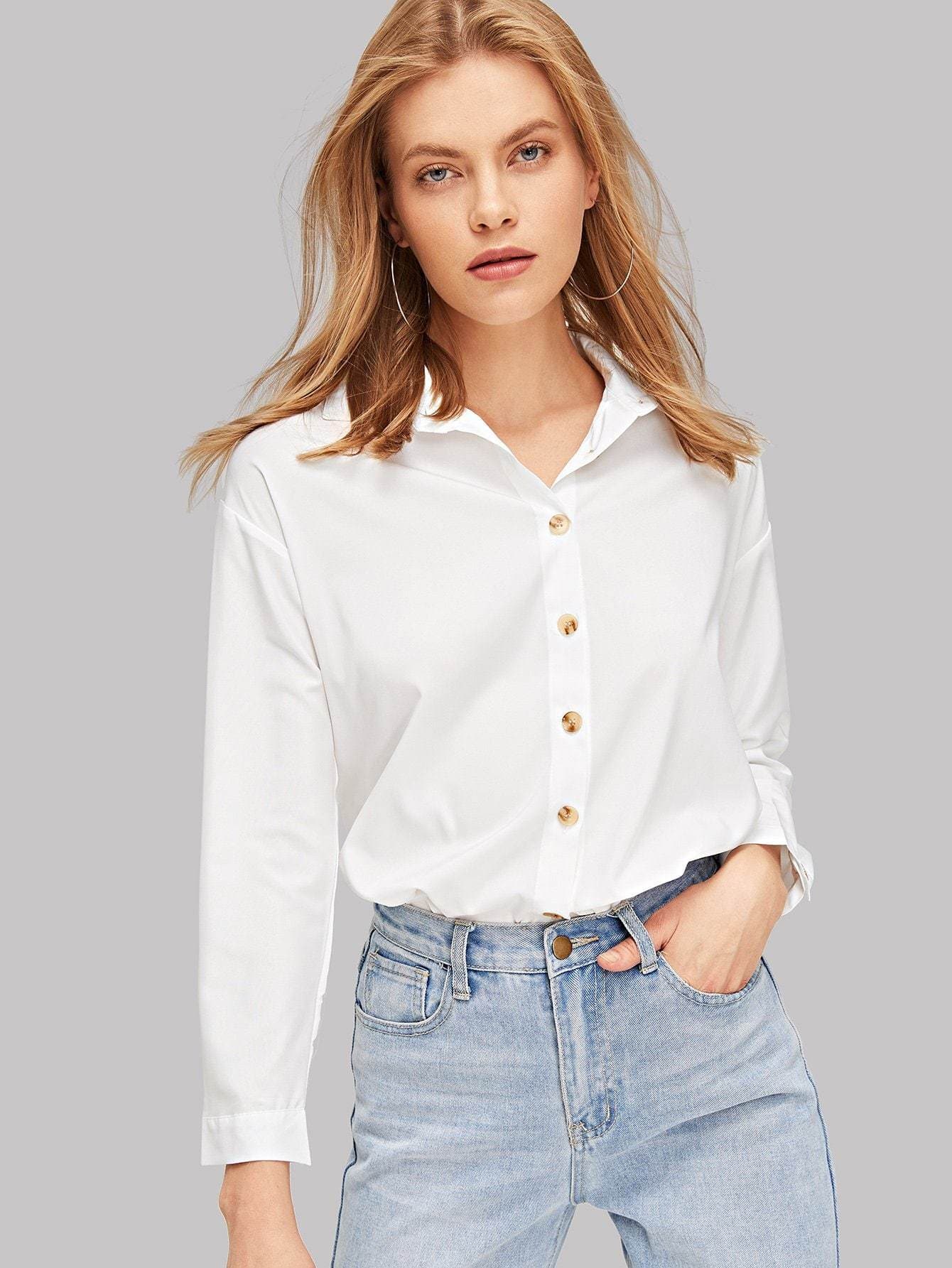 Long Sleeve Solid Button Up Curved Hem Shirt