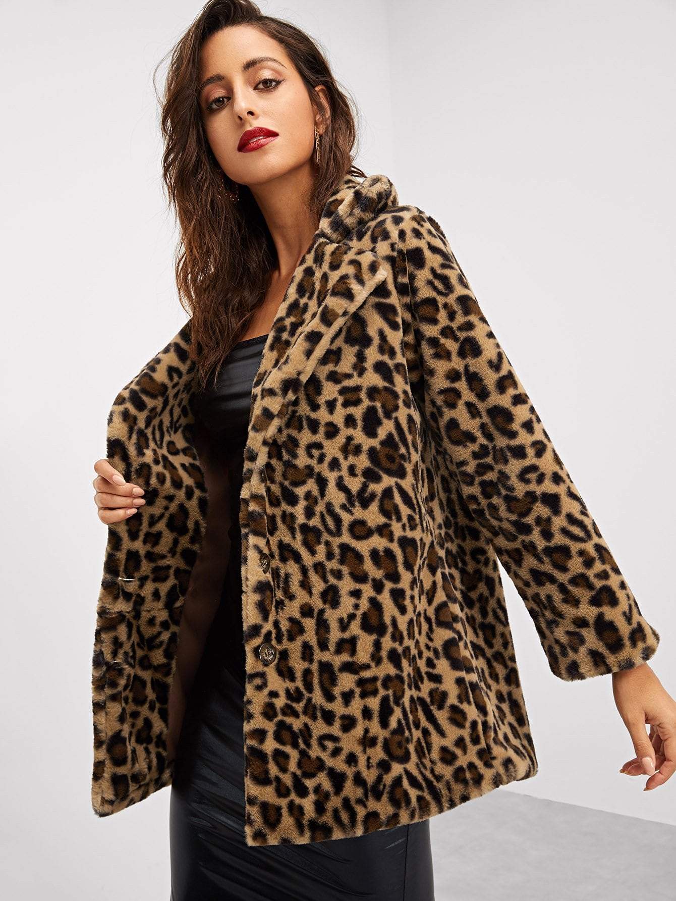 Single Breasted Notch Collar Leopard Print Teddy Coat