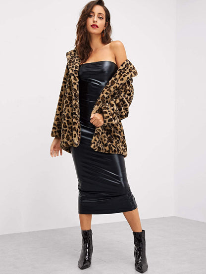 Single Breasted Notch Collar Leopard Print Teddy Coat