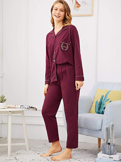 Burgundy Contrast Binding Letter Embroidered Sleepwear