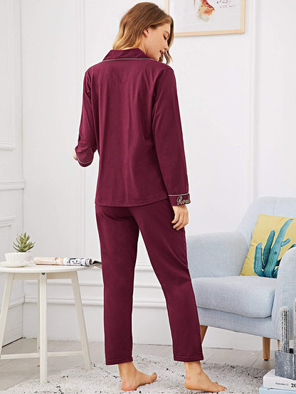 Burgundy Contrast Binding Letter Embroidered Sleepwear