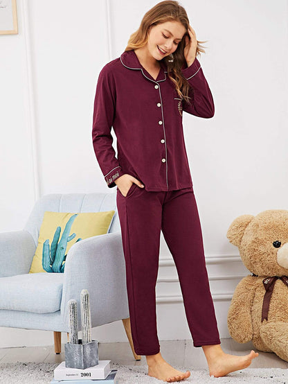 Burgundy Contrast Binding Letter Embroidered Sleepwear