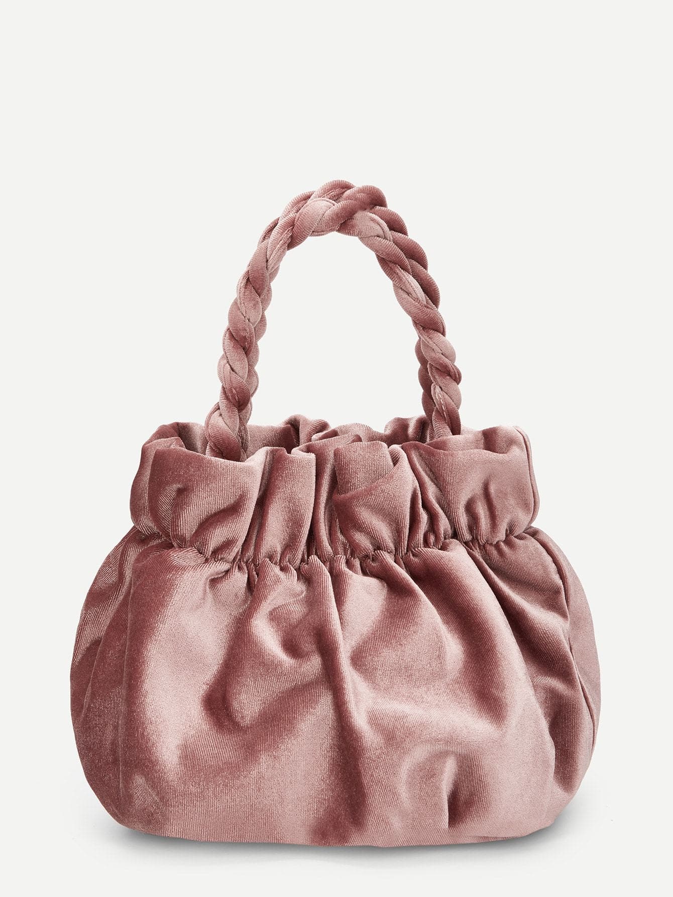 Pink Double Handle Plain Ruched Detail Velvet Bag
